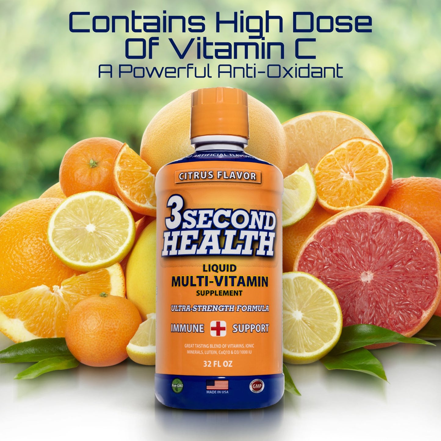 Botella de multivitamínico líquido 3 Second Health y frutas.