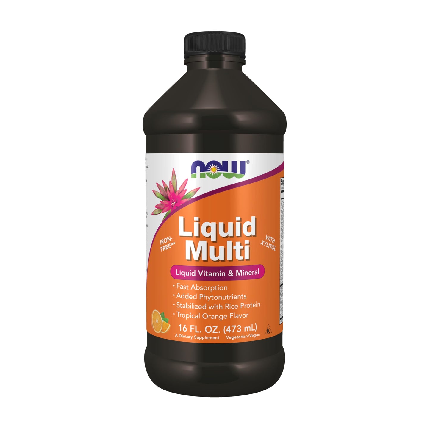 Botella de multivitamínico líquido NOW sabor naranja tropical
