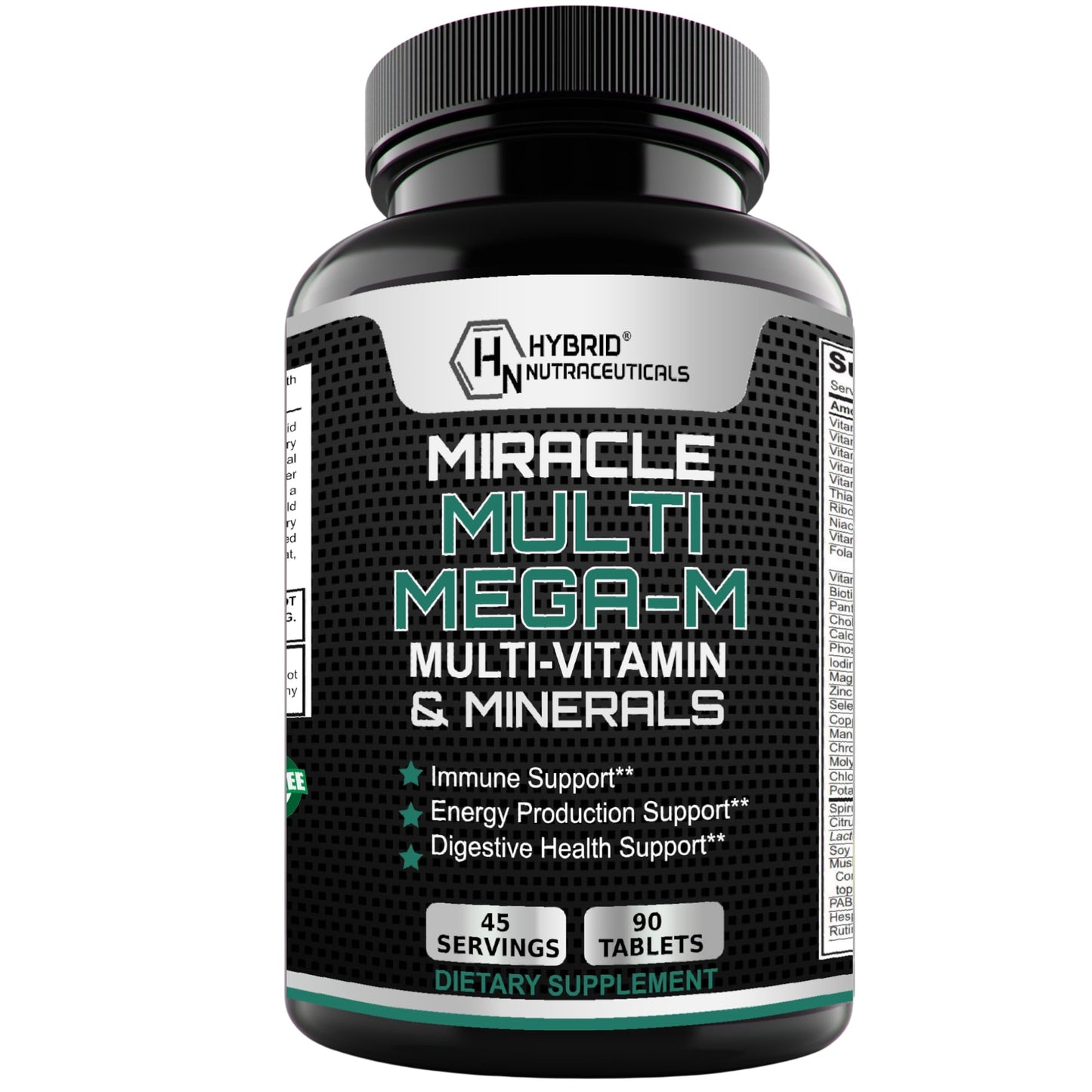 Botella de multivitamínico MEGA-M con superalimentos.