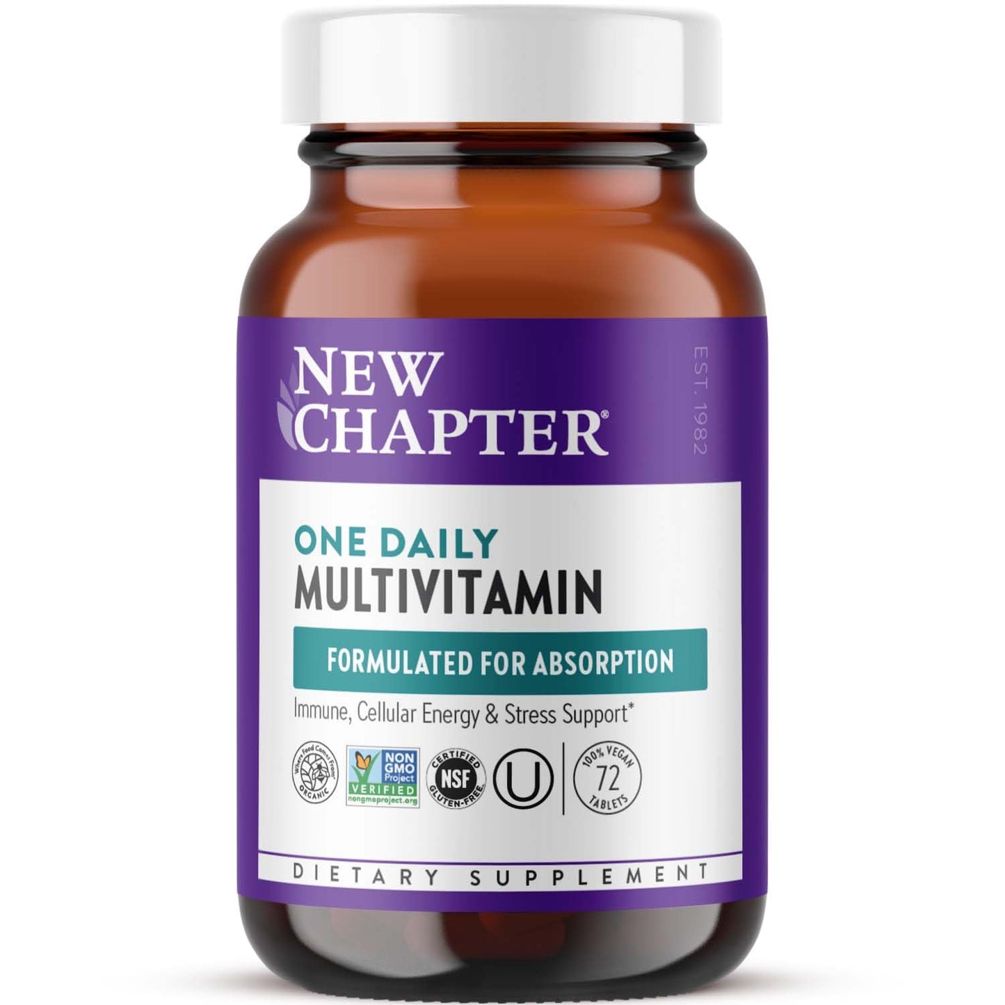 Botella de multivitamínico New Chapter con etiqueta púrpura