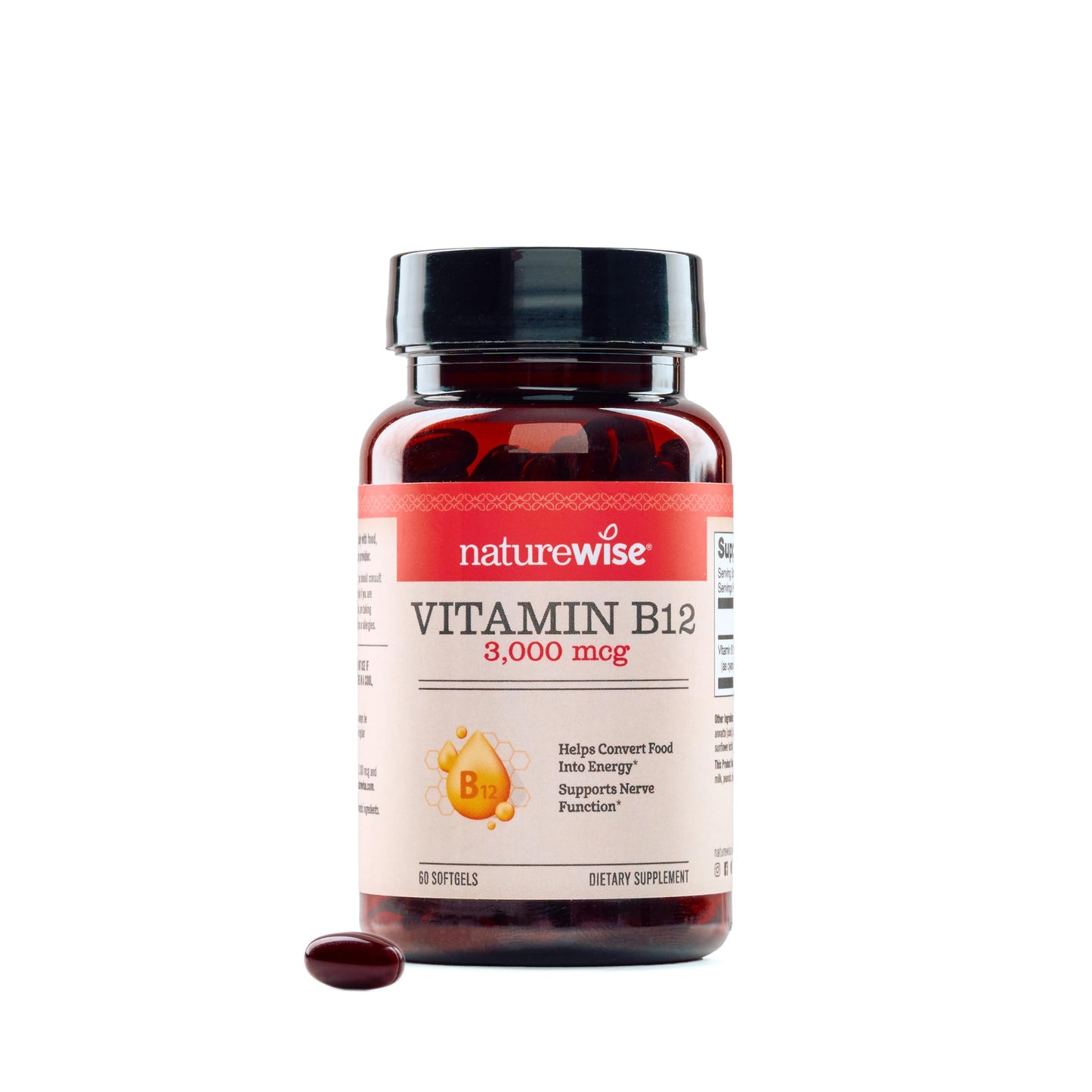 Botella NatureWise vitamina B12 3000 mcg cápsulas rojas