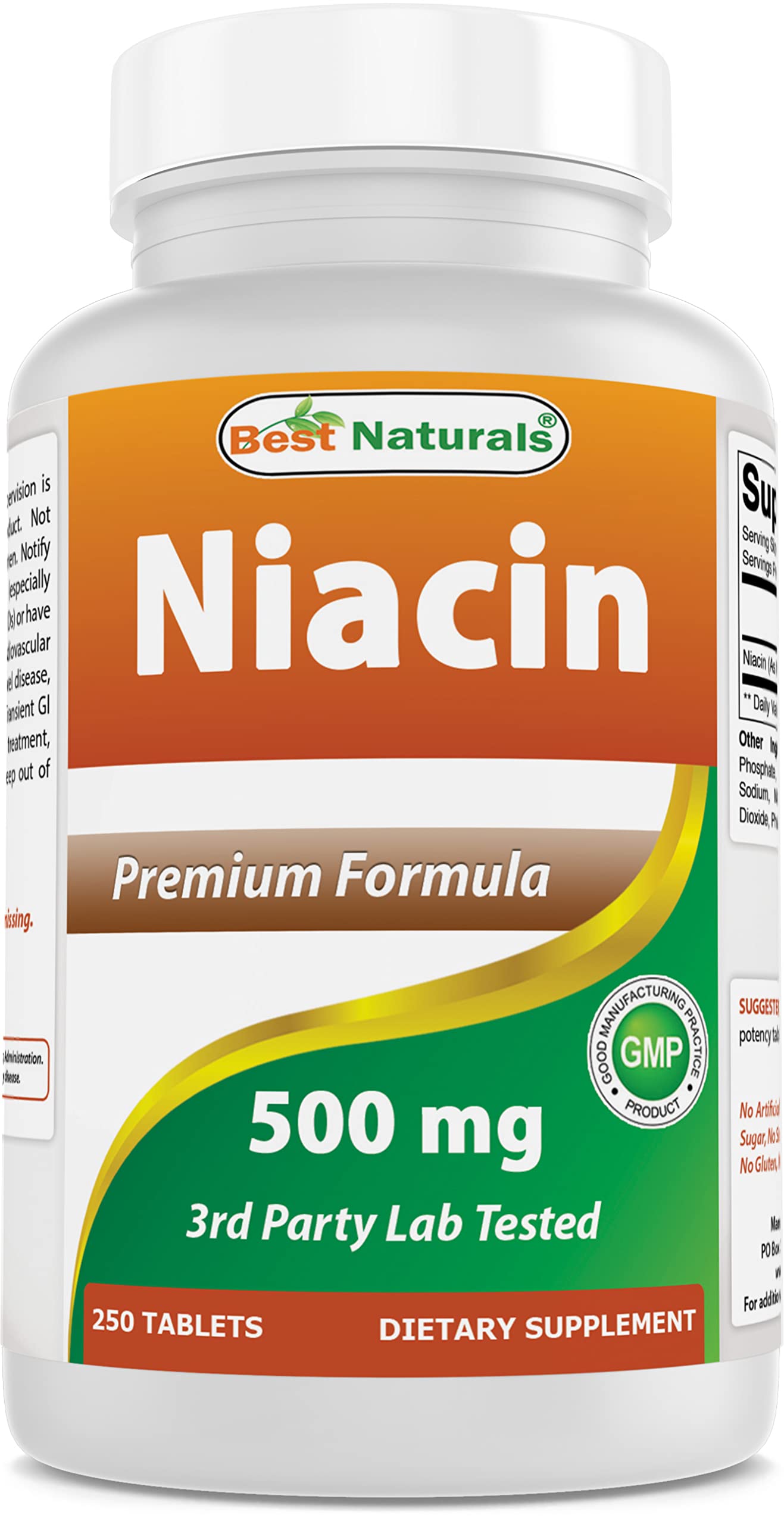 Botella de niacina 500 mg Best Naturals con 250 tabletas