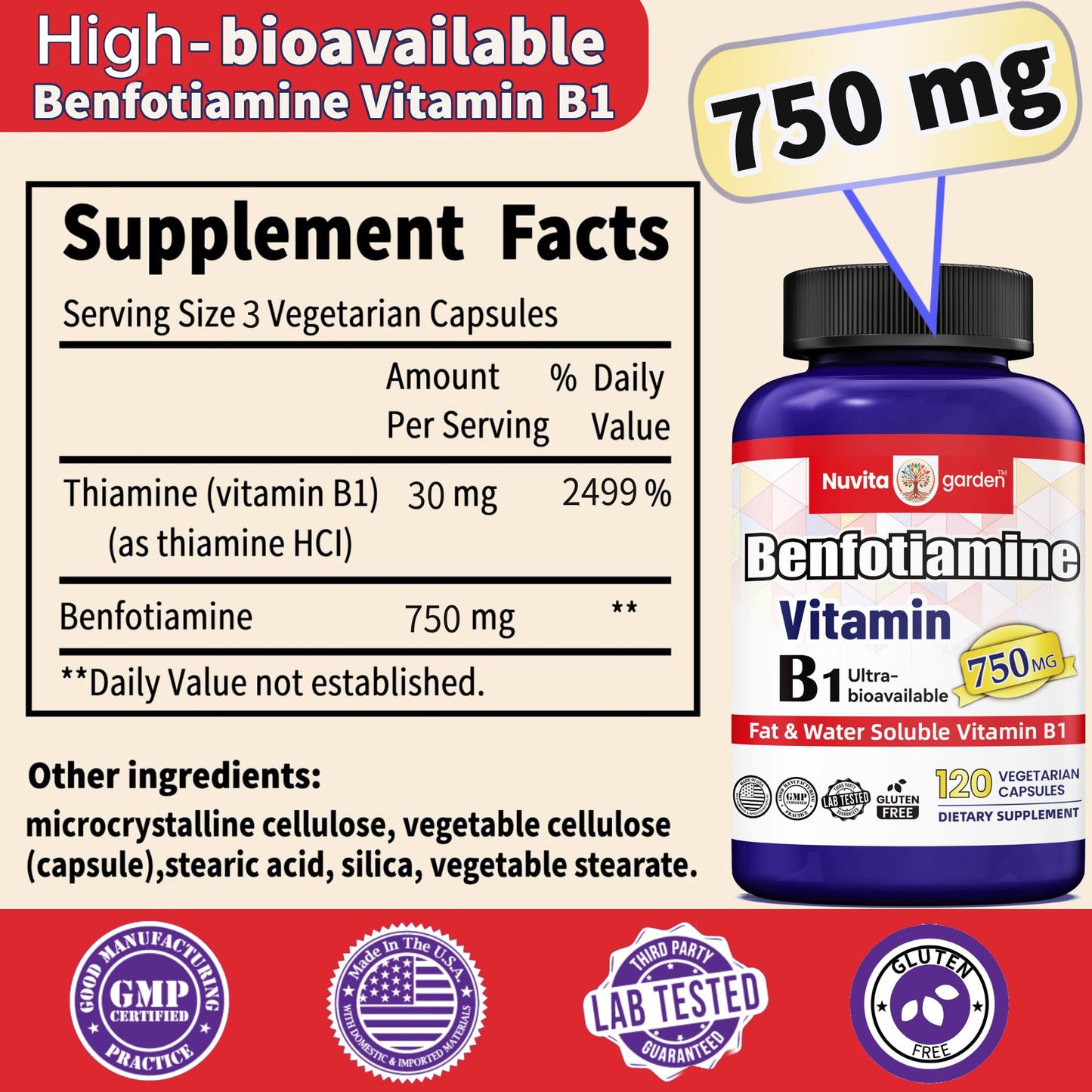 Botella NoMiLu vitamina b1 benfotiamina suplemento energético 120 caps