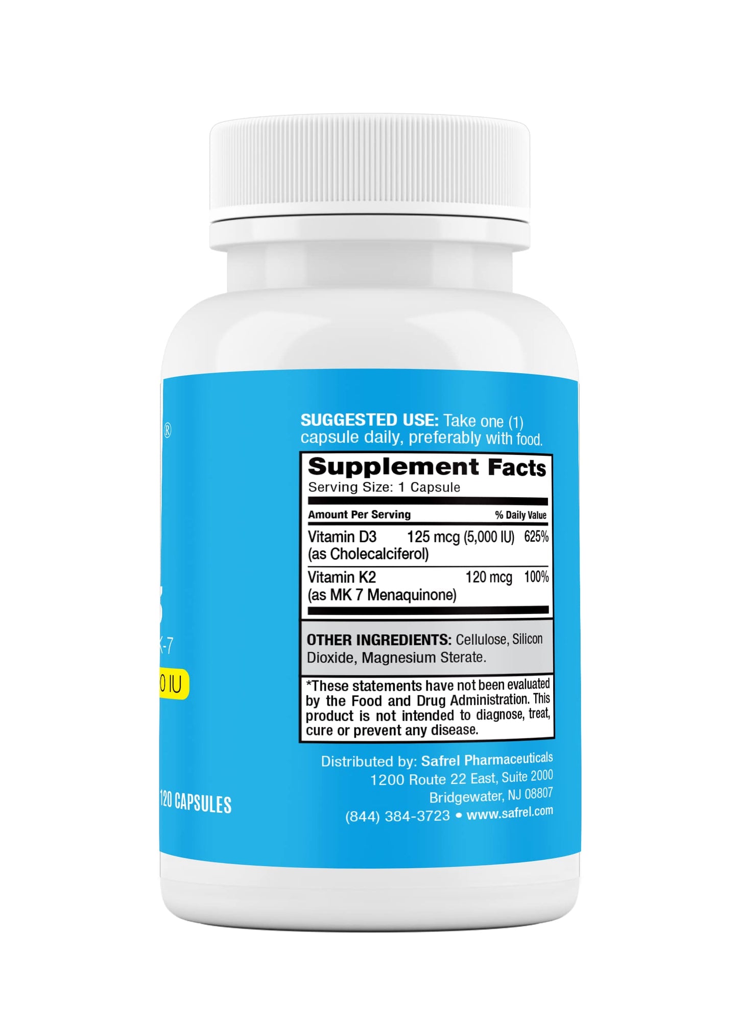 Botella Safrel vitamina K2 D3 suplemento óseo