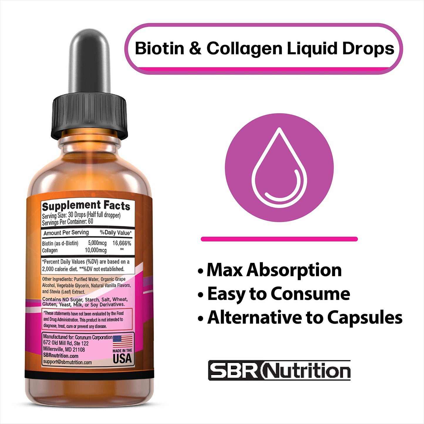 Botella SBR Nutrition biotina y colágeno para piel y uñas