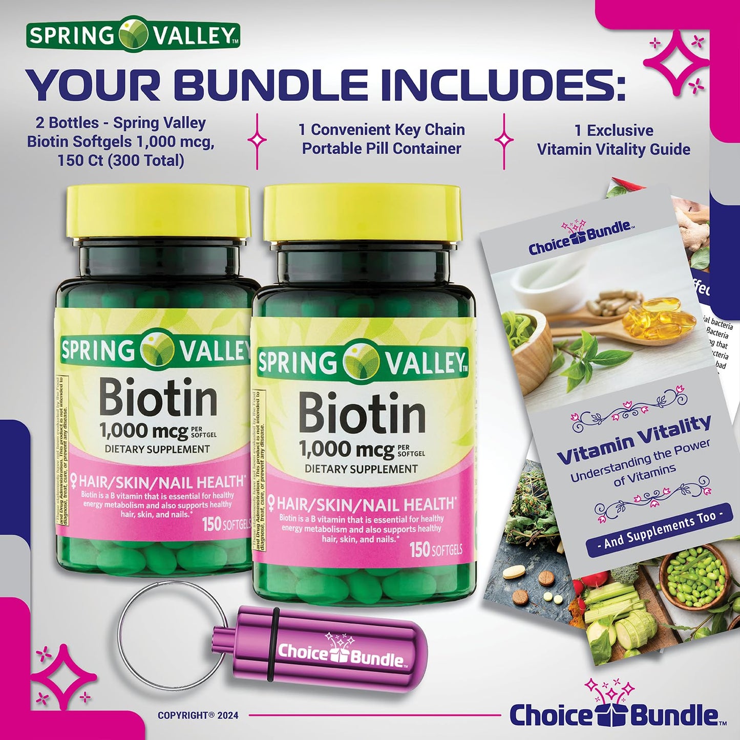 botella suplementaria choice bundle biotina softgels 1000mcg