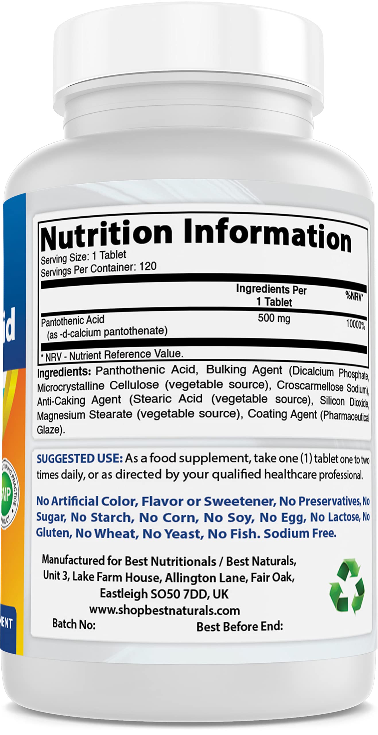 Botella suplemento ácido pantoténico sin gluten Best Naturals