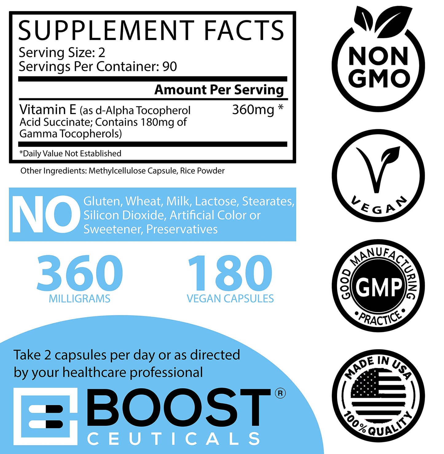 Botella suplemento BoostCeuticals vitamina E 400 UI 180 cápsulas