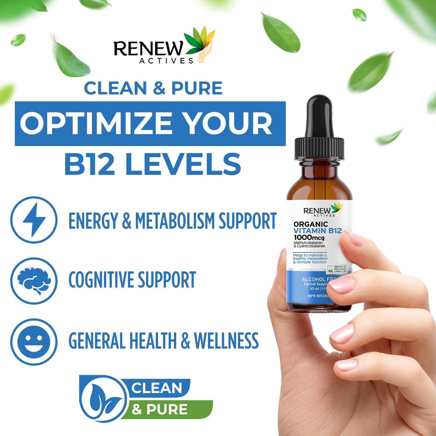 Botella suplemento líquido b12 para vitalidad Renew Actives