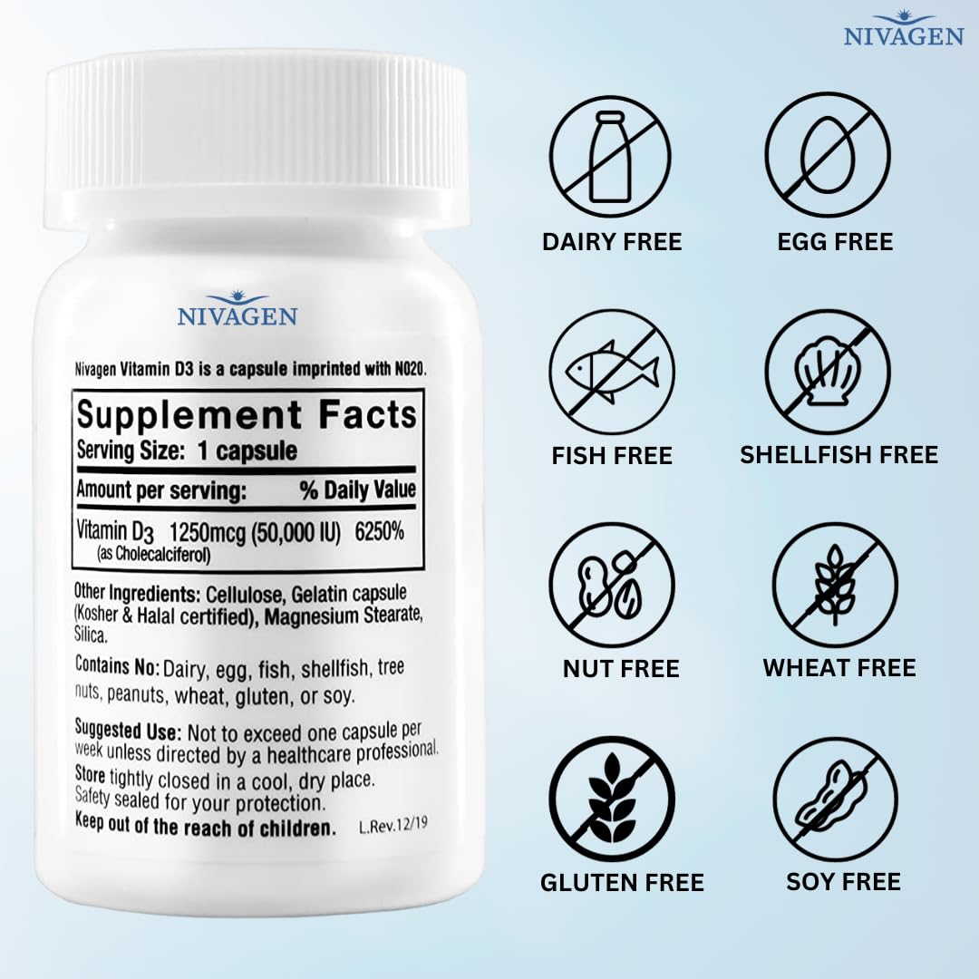 Botella de suplemento Vitamina D3 50000 UI Nivagen