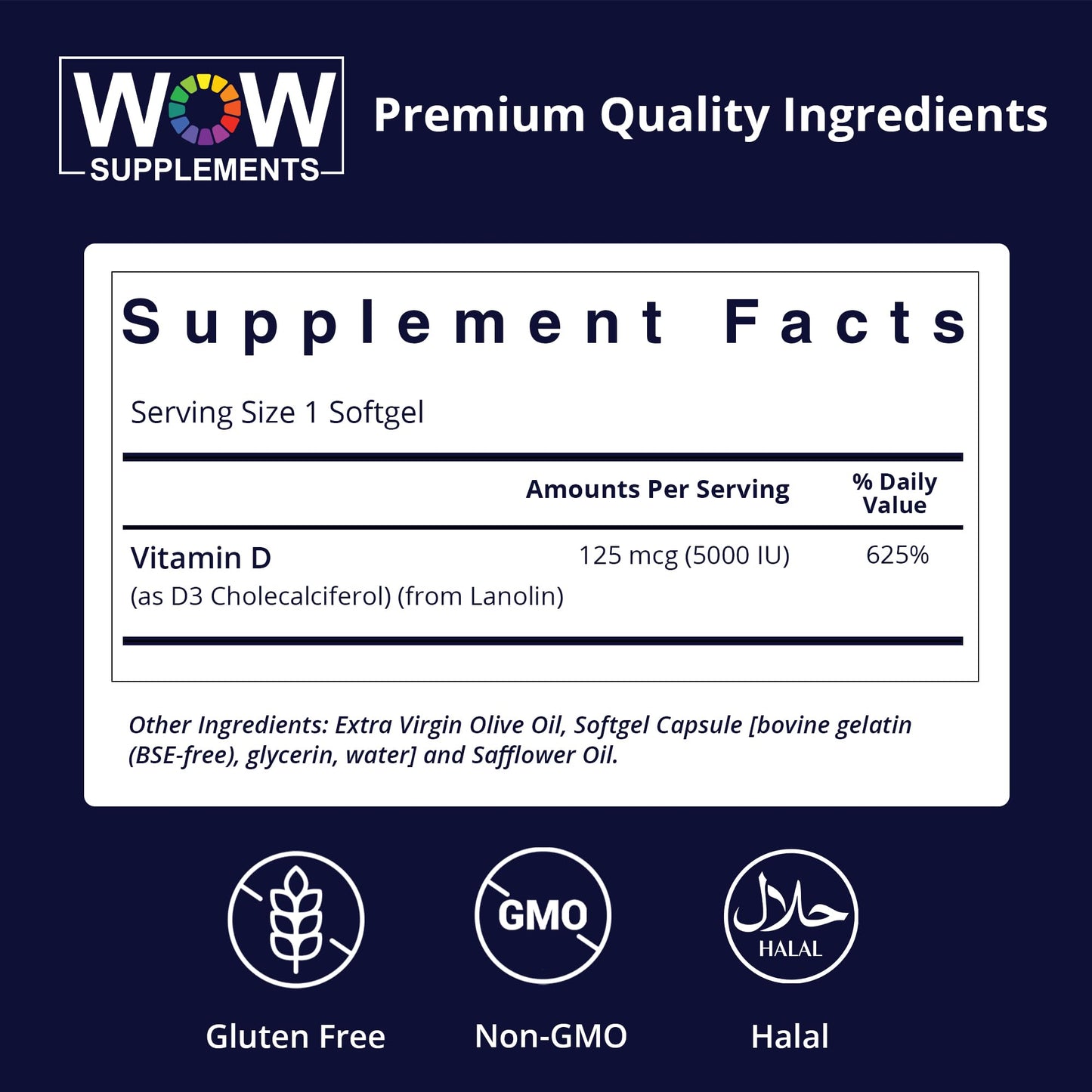 Botella suplemento vitamina d3 5000ui wow supplements lateral