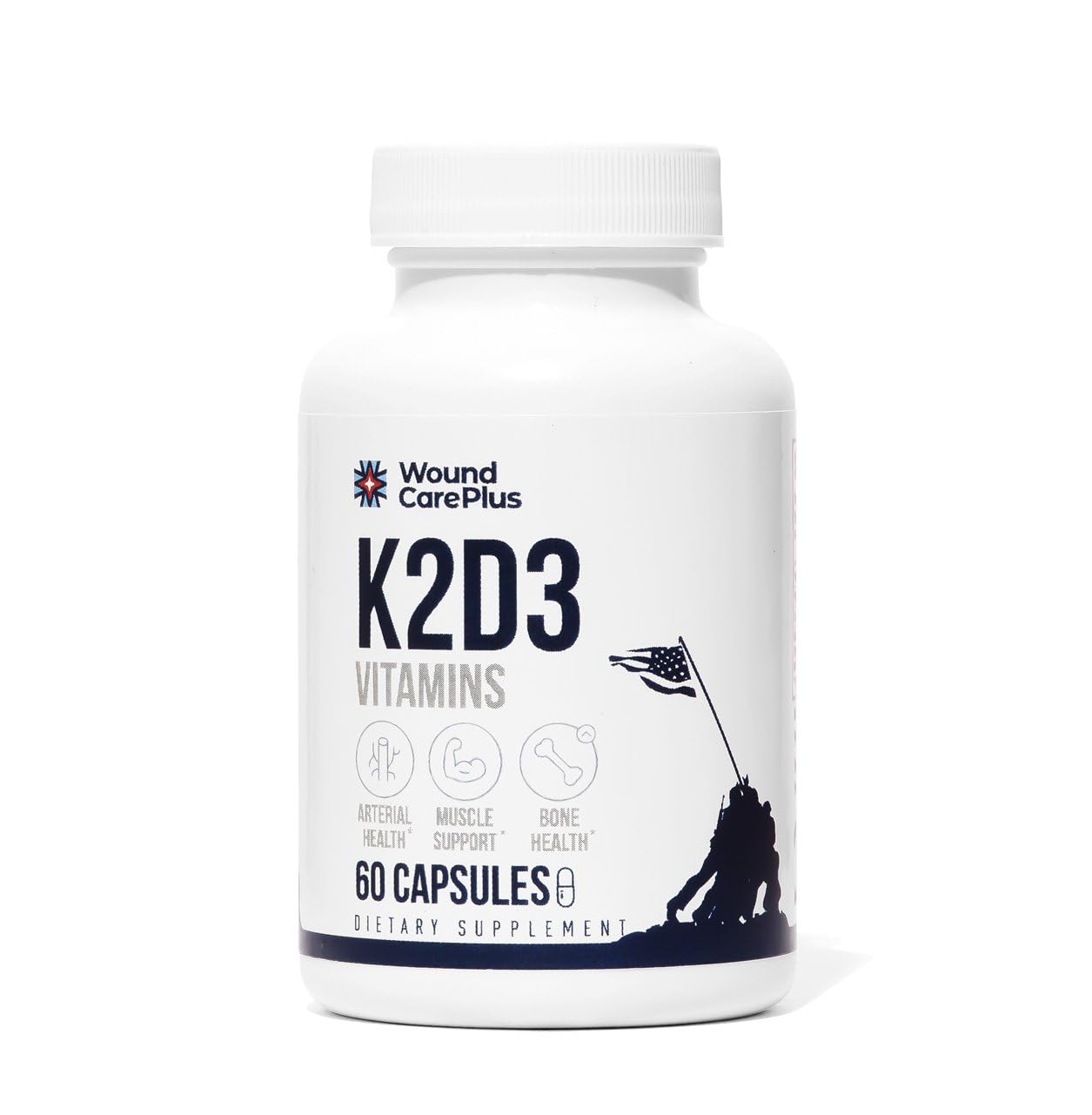 Botella de suplemento Wound Care Plus Vitaminas K2 y D3 60 cápsulas