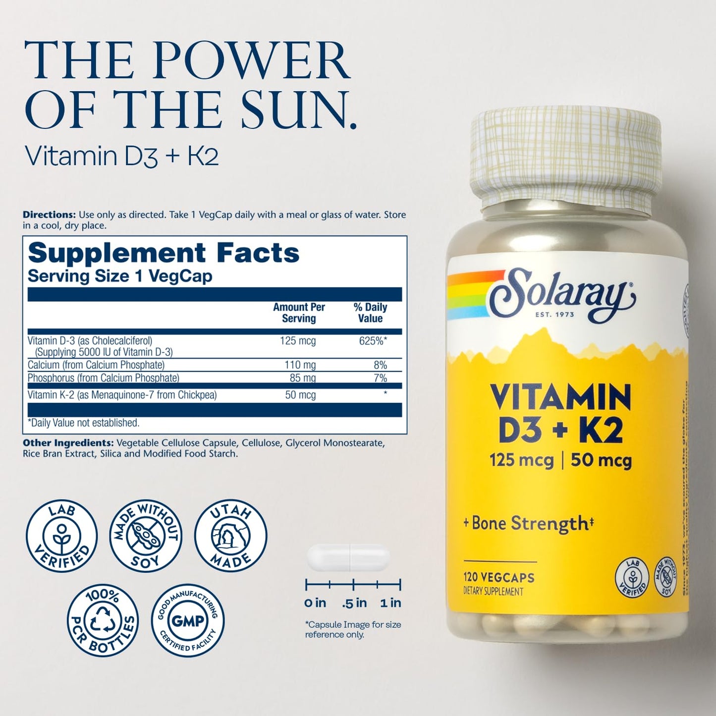 Botella suplemento SOLARAY vitamina D3 K2 huesos fuertes