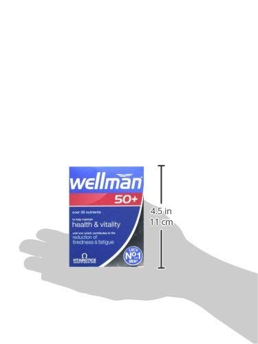 Botella de tabletas Wellman 50+ mostrando el tamaño del paquete