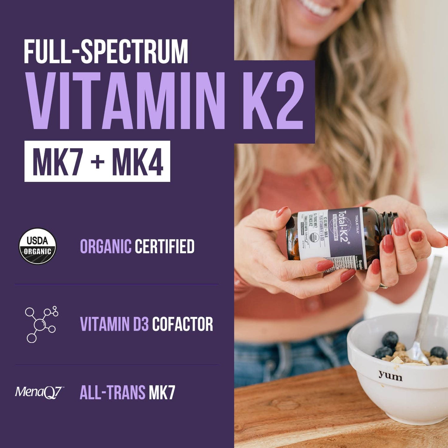 Botella Total K2 vitamina K2 MK7 MK4 y vitamina D3