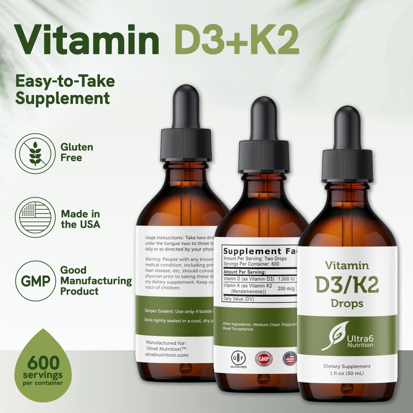 botella Ultra6 Nutrition vitamina D3 y K2 fórmula líquida