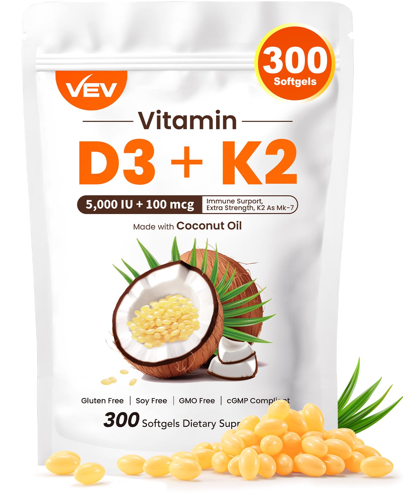 Botella VEV vitamina d3 k2 5000 UI 300 softgeles