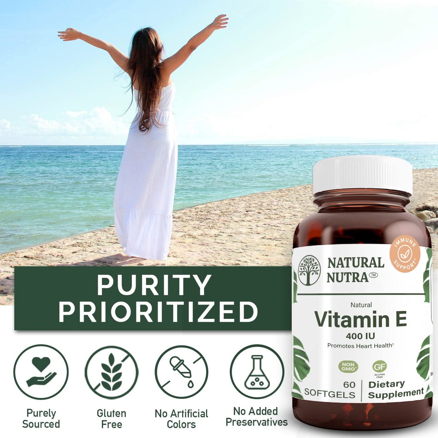 Botella de vidrio reciclable Natural Nutra vitamina E 400 UI para salud