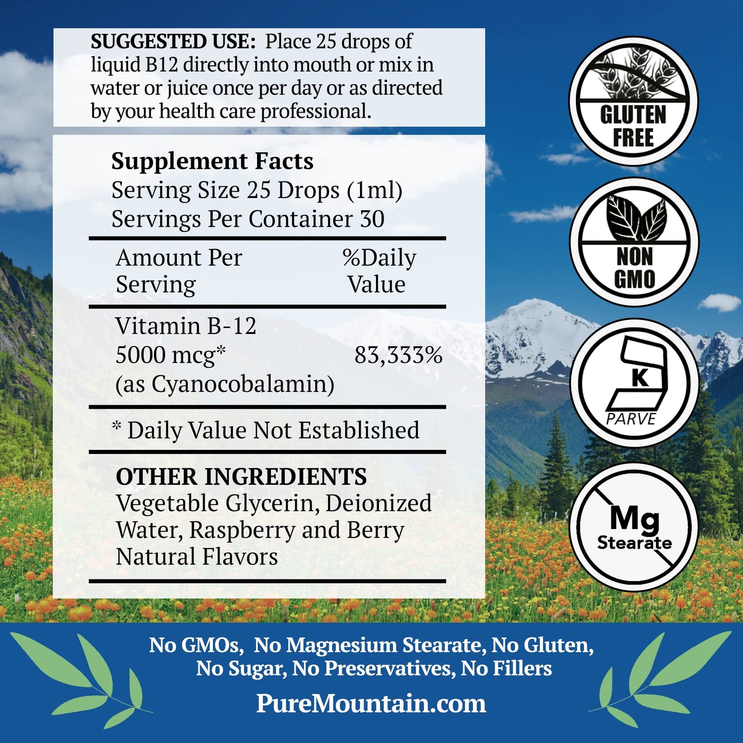 Botella vitamina b12 kosher pure mountain botanicals 1oz frutos rojos