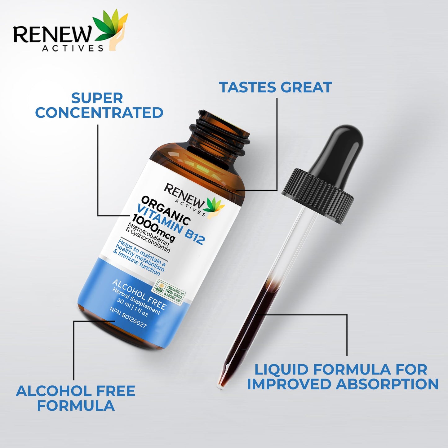 Botella de vitamina b12 líquida vegana 30 ml Renew Actives