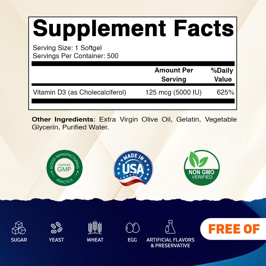 Botella de Vitamatic vitamina d3 5000 ui con 500 cápsulas blandas