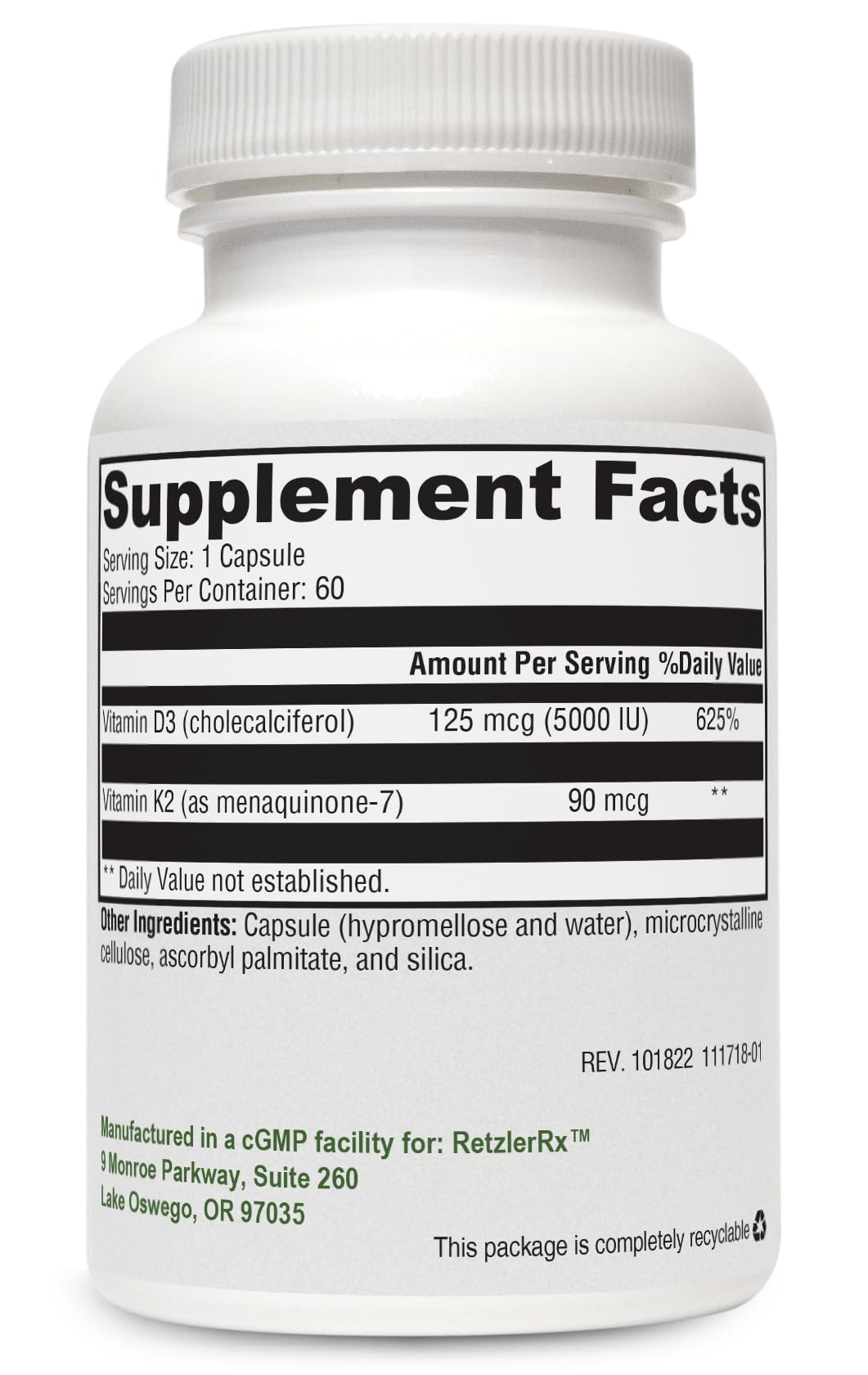 Botella Vitamina K2 D3 RetzlerRx 5000 UI 60 cápsulas