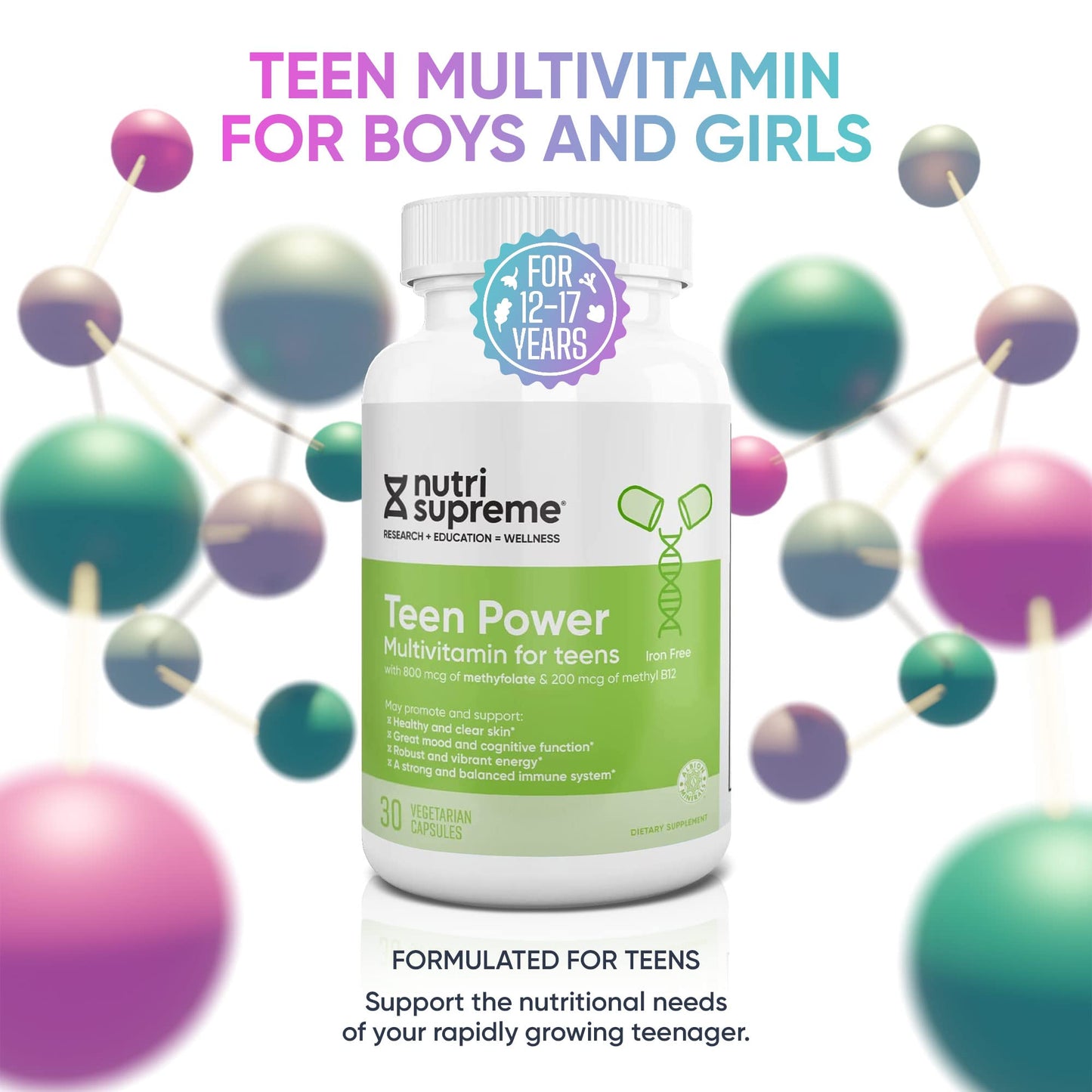 Botella de vitaminas Nutri Supreme para el desarrollo de adolescentes