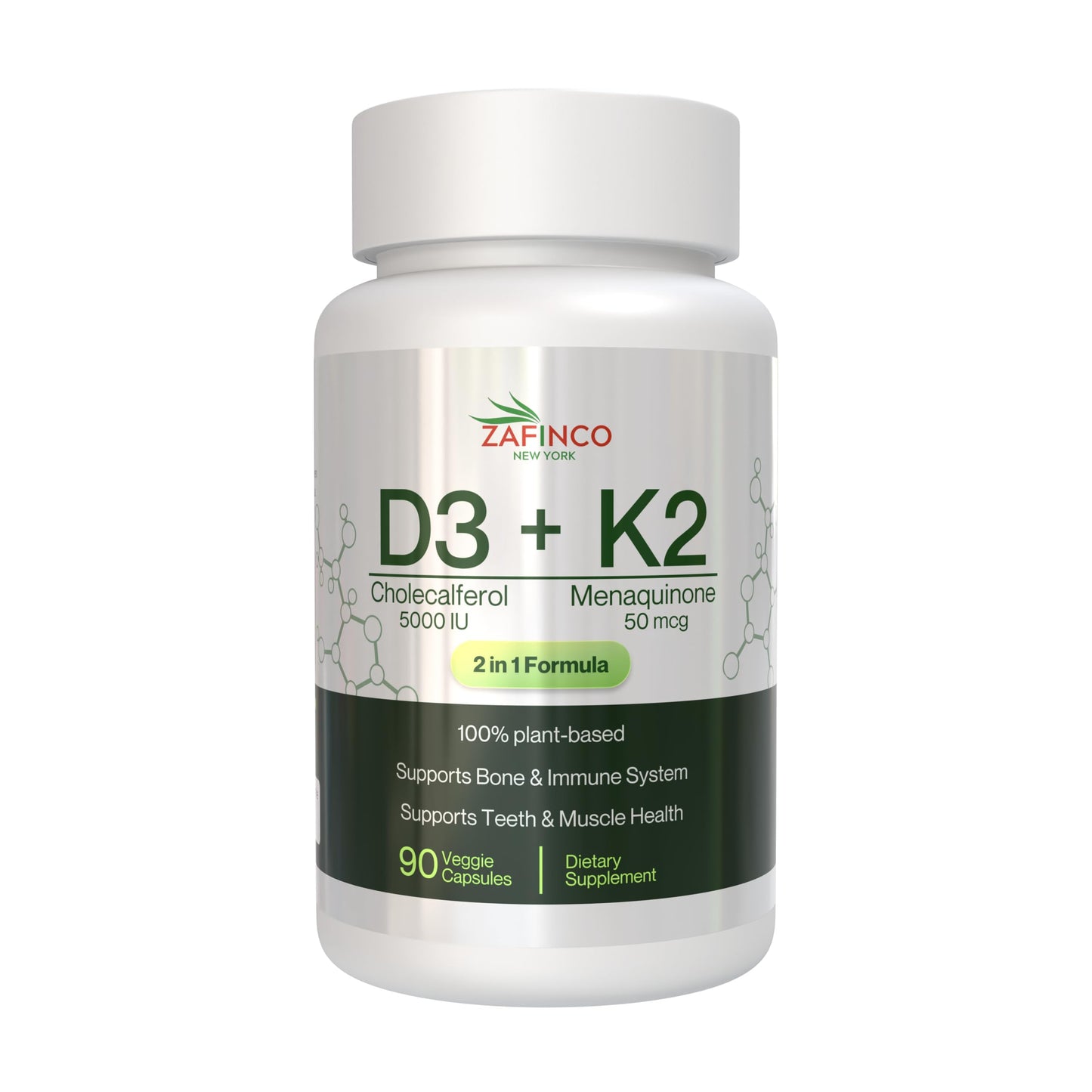 Botella ZAFiNCO vitamina d3 5000ui y vitamina k2 mk7 en cápsulas