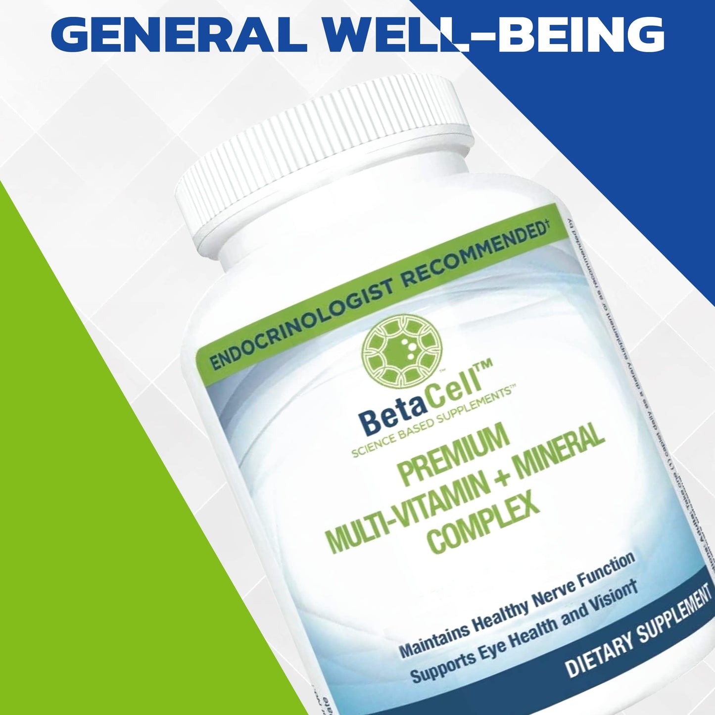 Botellas de BETACELL multivitamínico con enfoque en ingredientes.