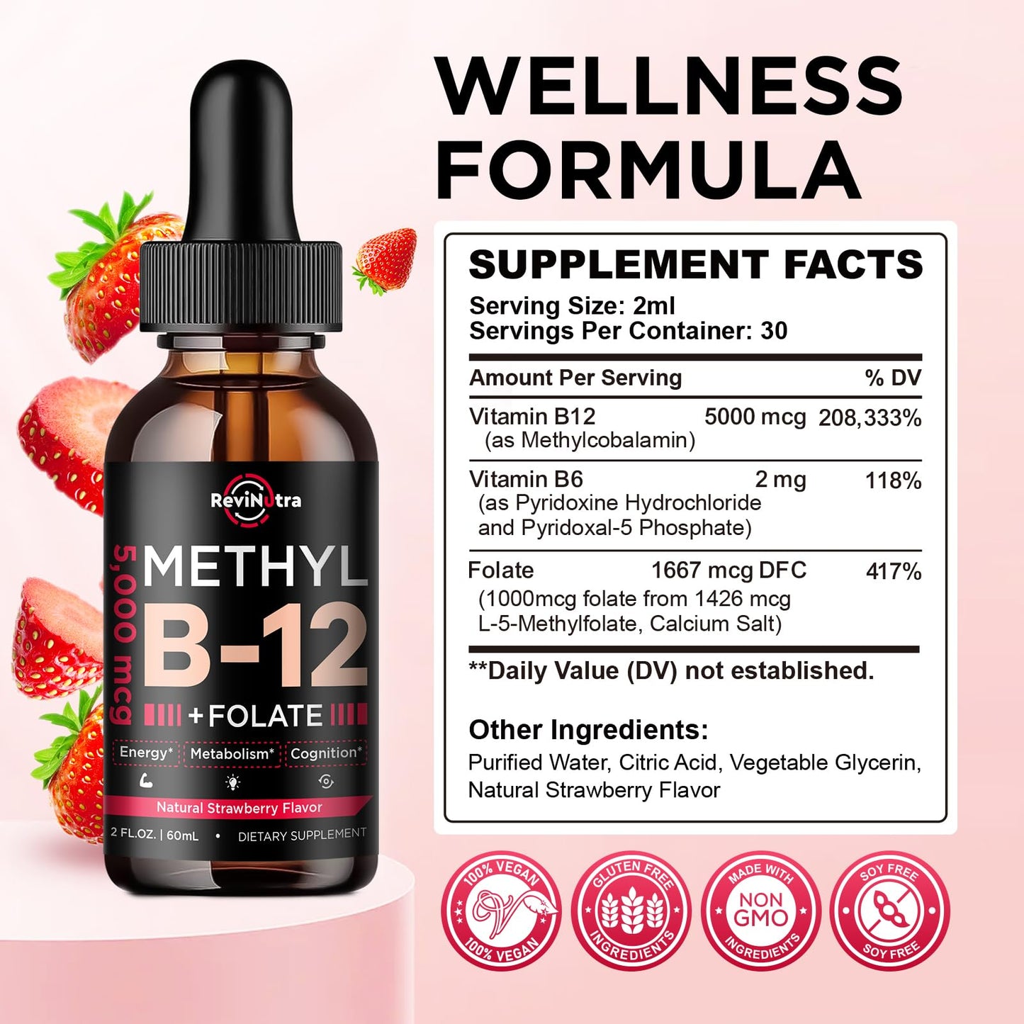 Botellas gotas líquidas ReviNutra vitamina b12 complejo b sabor fresa