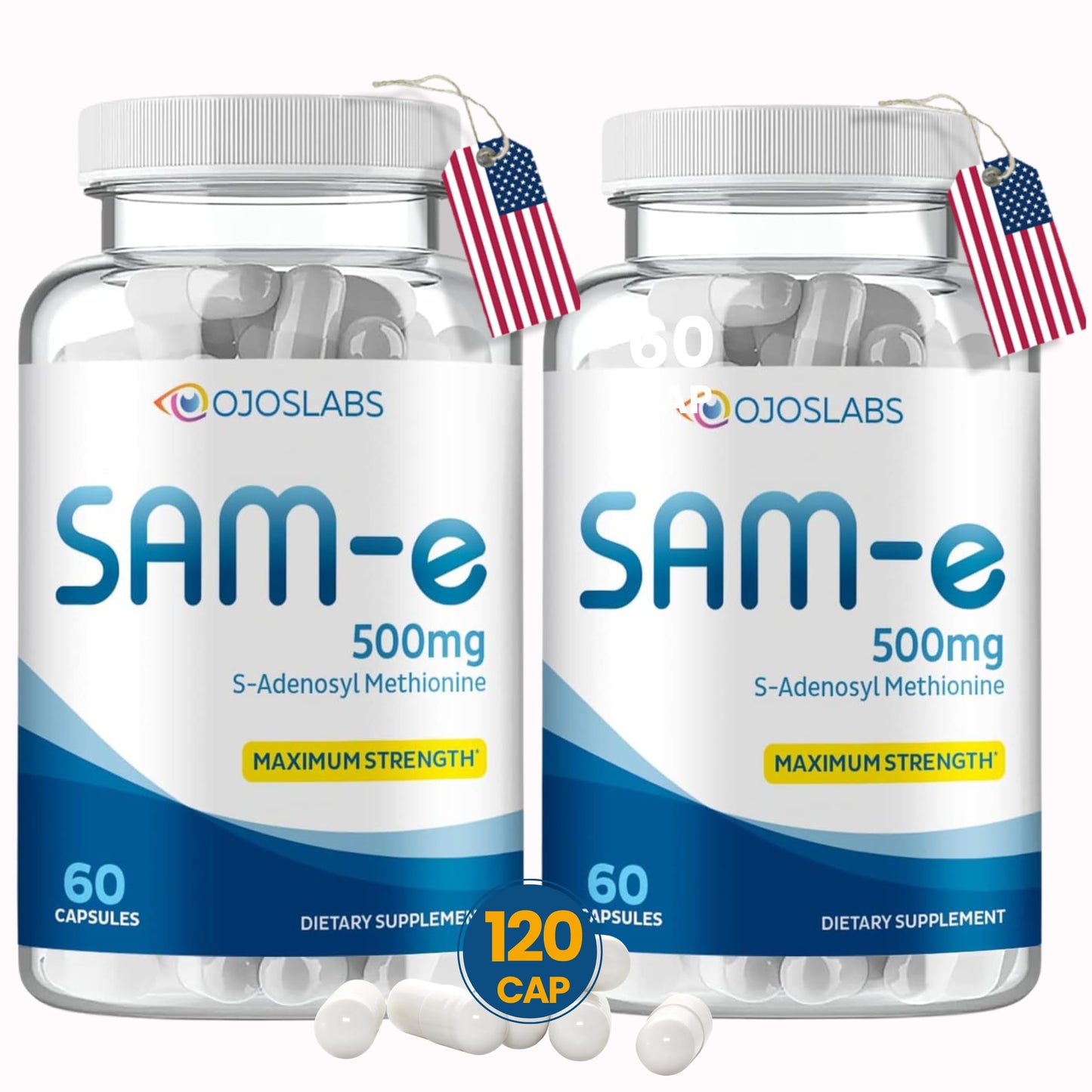 Botellas de SAM-e 500mg OjosLabs para salud hígado y ánimo
