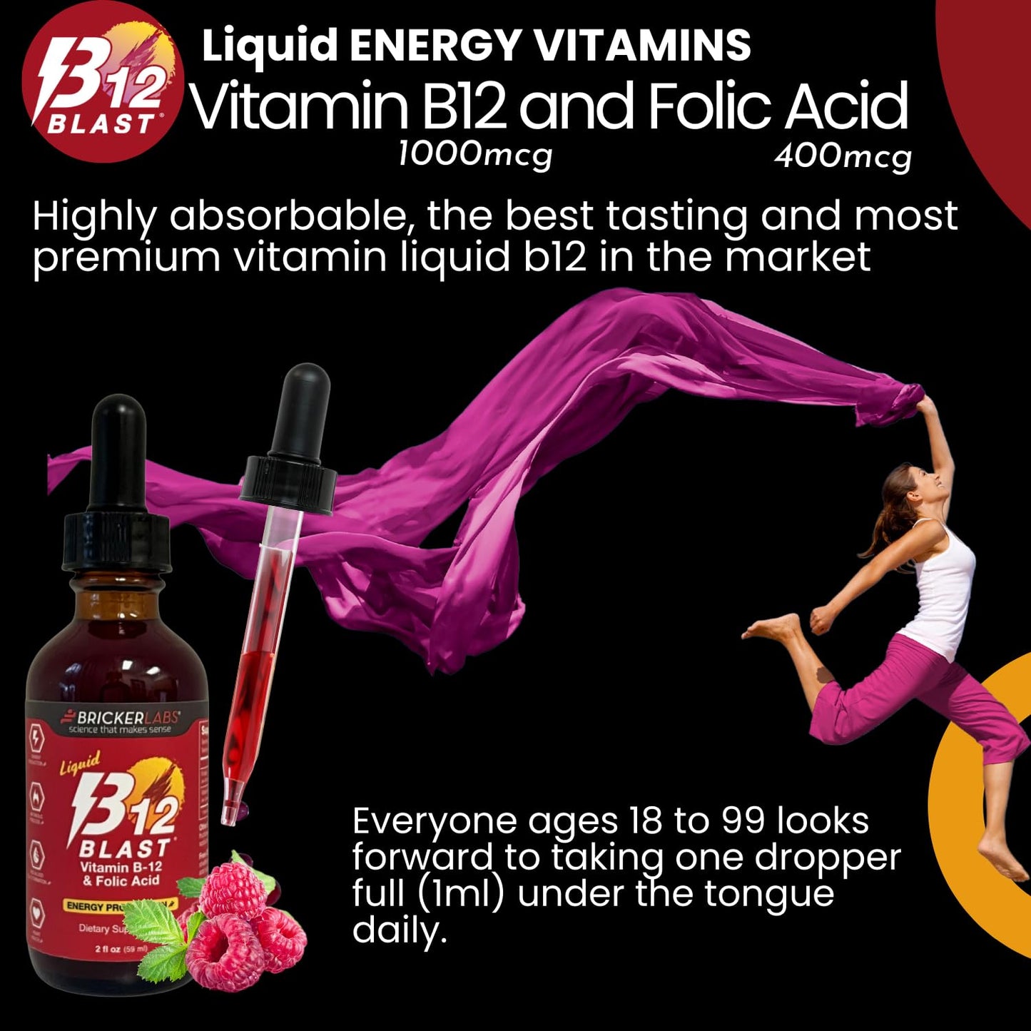 Bricker Labs B-12 Blast líquido para energía con sabor natural frambuesa
