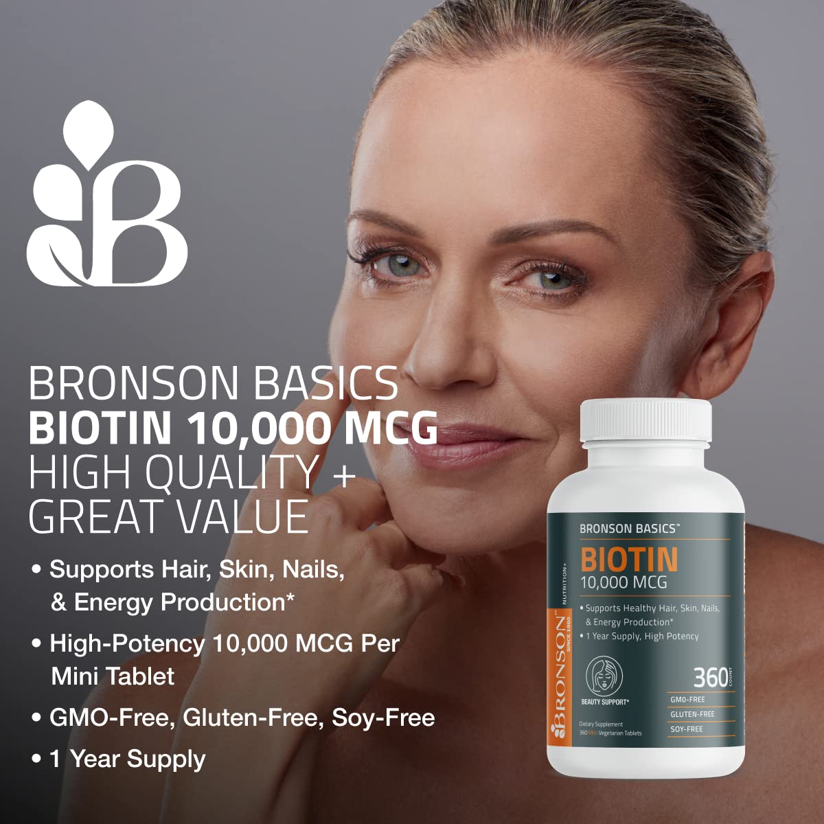 Bronson Biotina suplemento vegetariano botella frontal