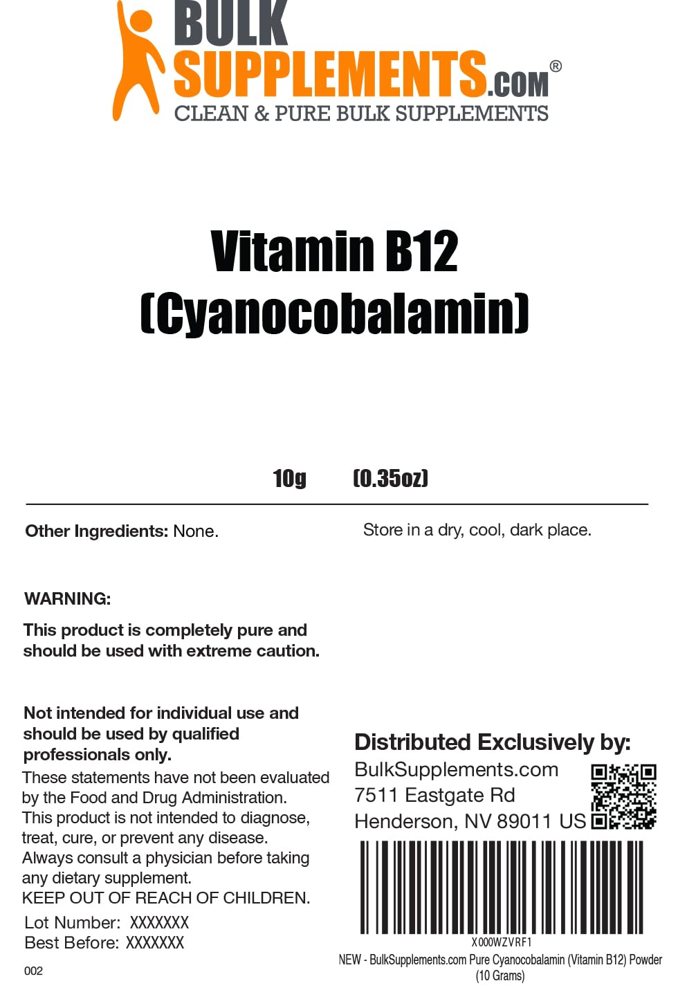 Vista frontal del empaque polvo vitamina B12 BulkSupplements