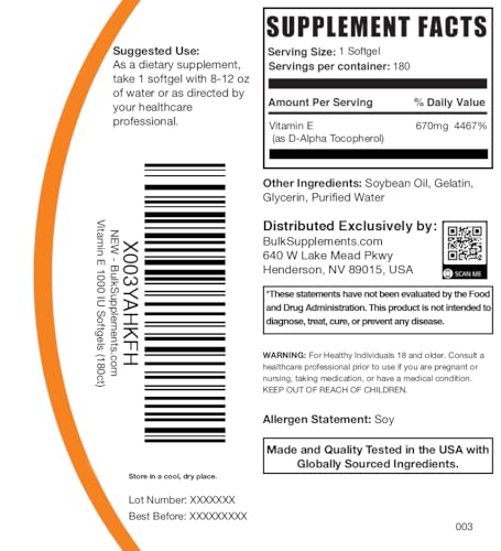 BulkSupplements suplemento vitamina e 1000 iu 180 cápsulas