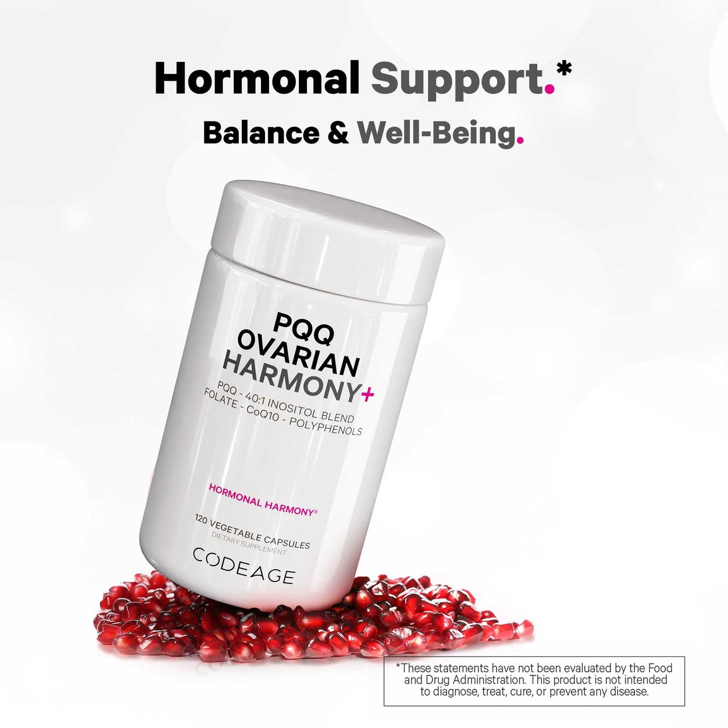Caja abierta Codeage PQQ Ovarian Harmony con cápsulas visibles