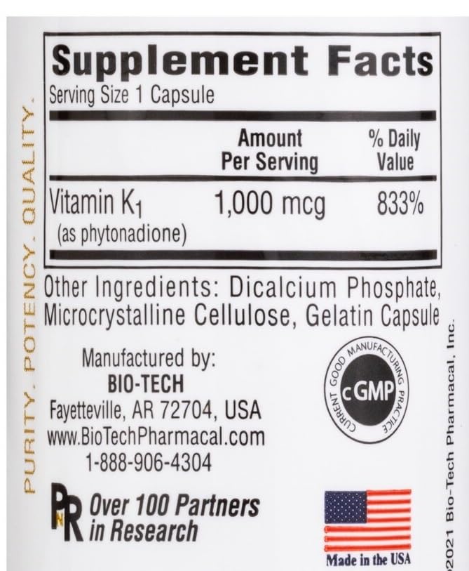 Caja y botella Bio-Tech Pharmacal K1-1000 suplemento vitamina K1