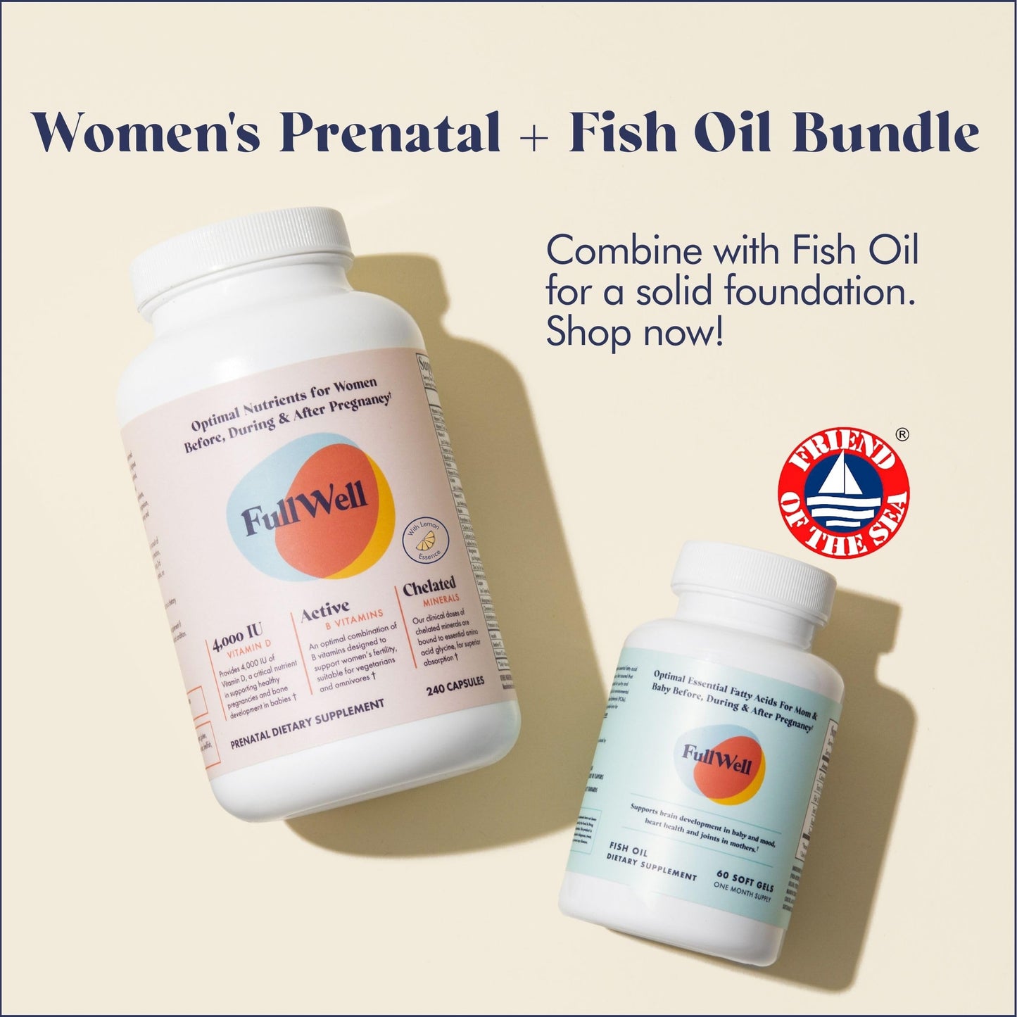 Caja y botella vitaminas prenatales FullWell con nutrientes esenciales