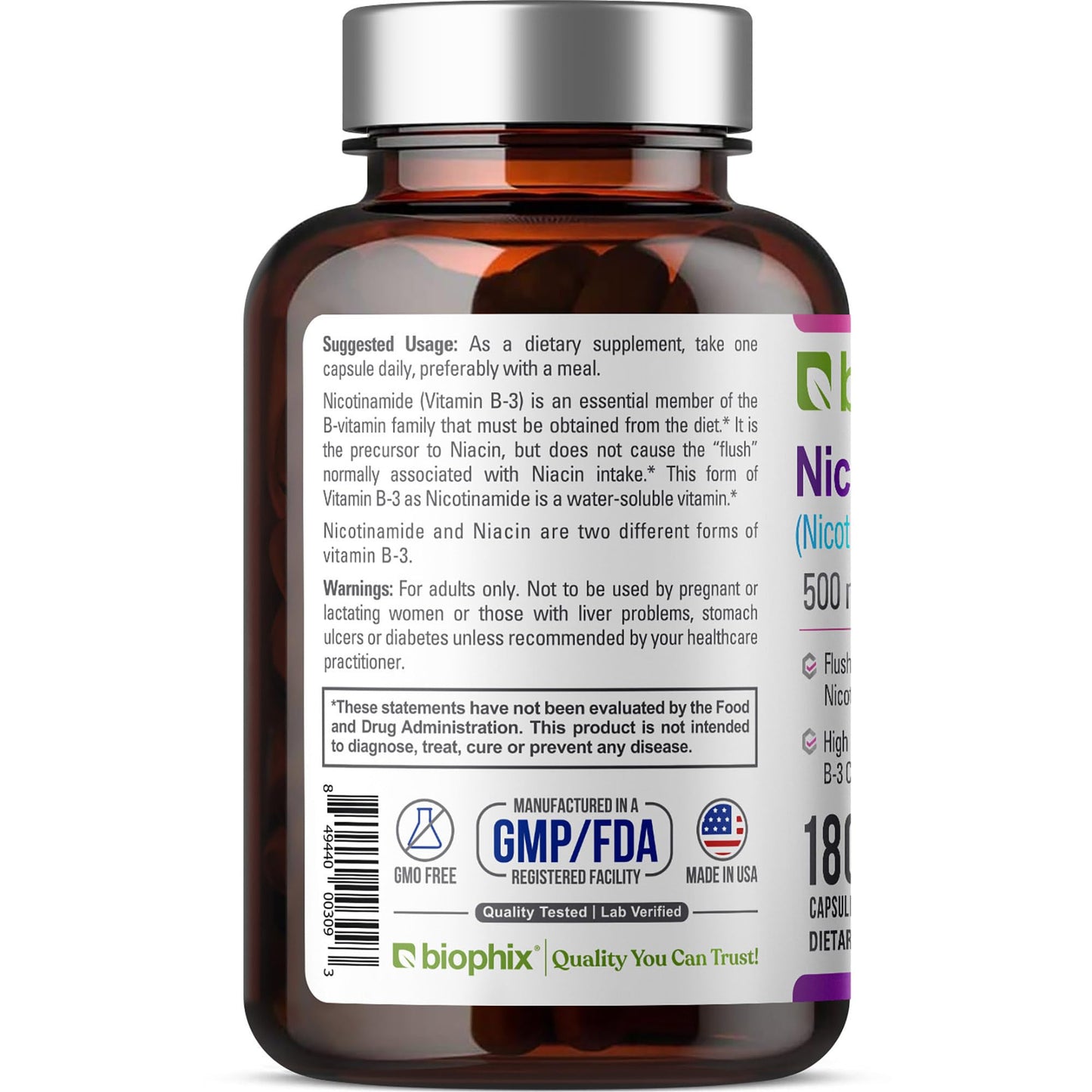 Caja y botellas biophix nicotinamida vitamina b3 180 caps