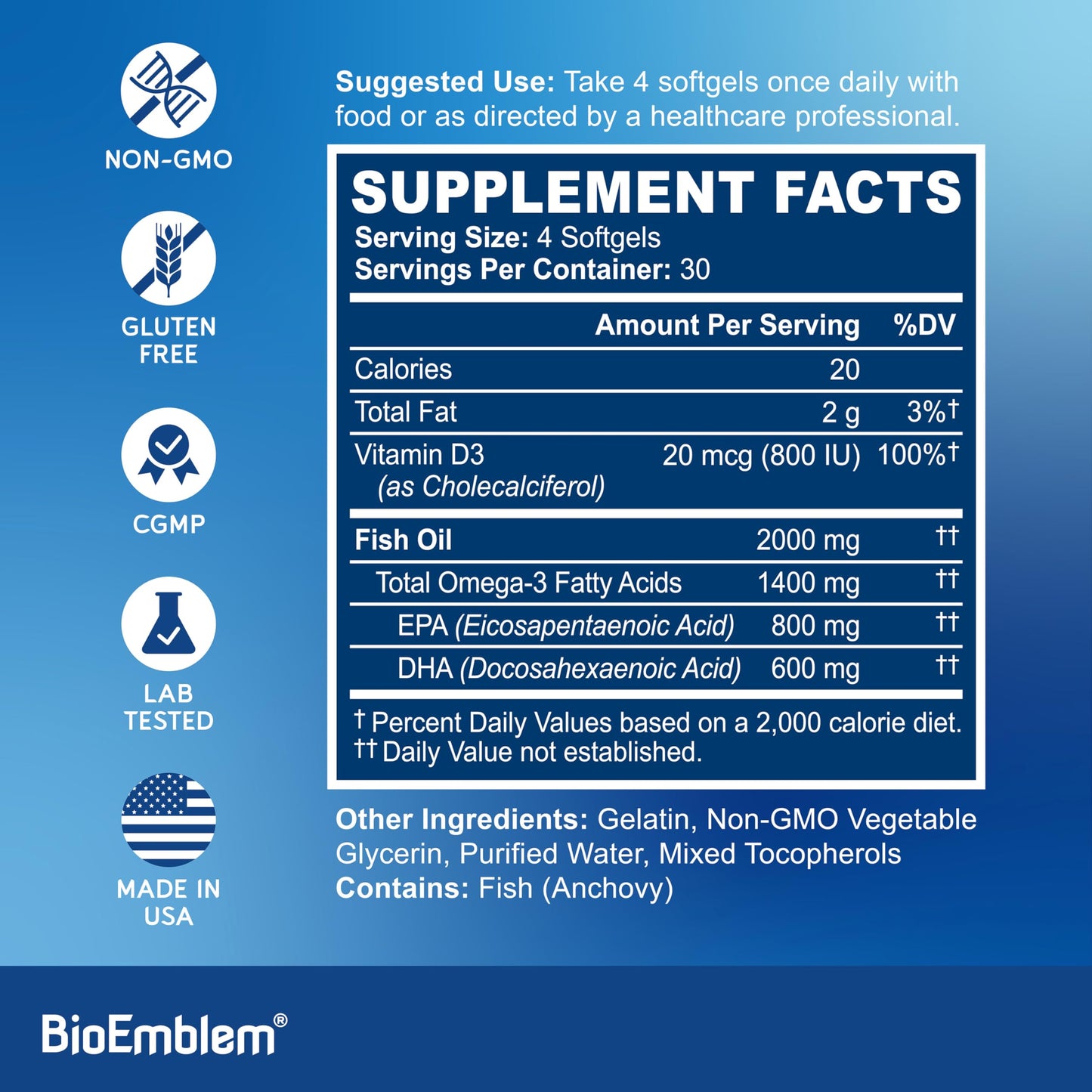 Caja de cápsulas BioEmblem vitamina D3 K2 y Omega-3