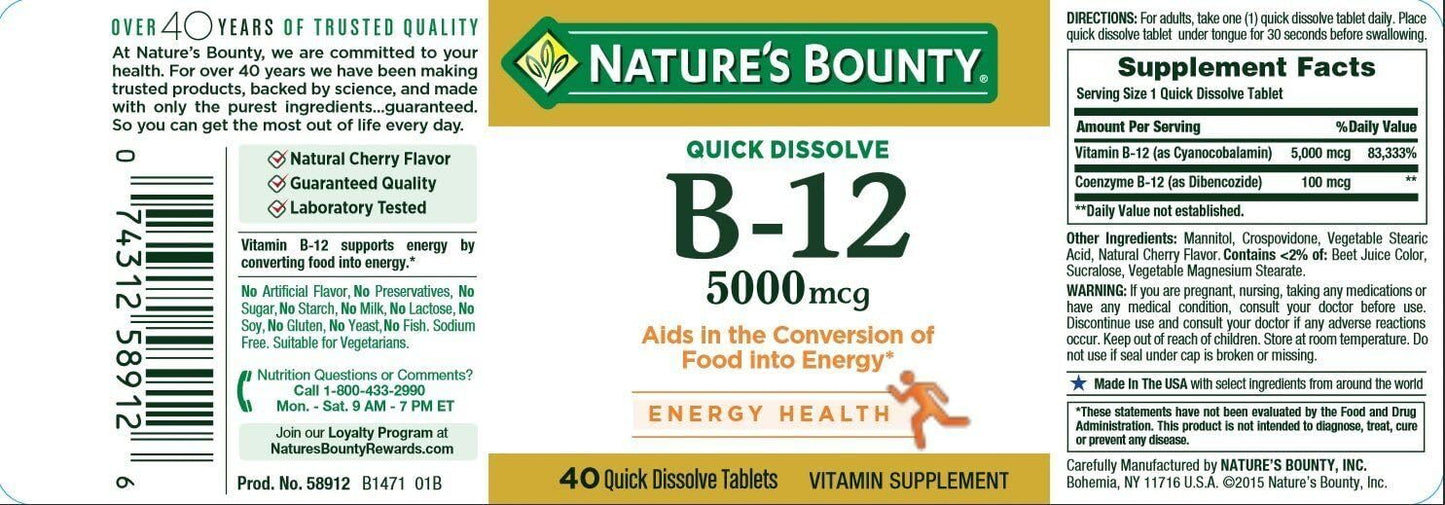 Caja y frasco vitamina B12 Nature's Bounty 5000mcg