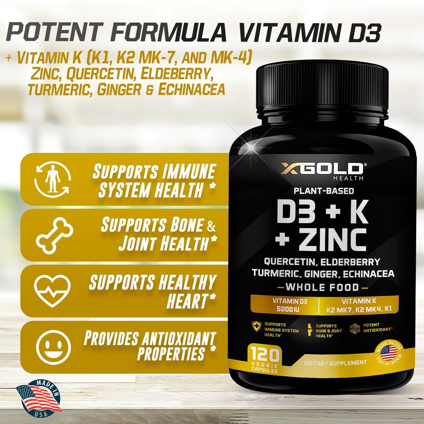Caja y frasco suplemento Vitamina D3 K2 K1 Zinc Saúco 8 en 1