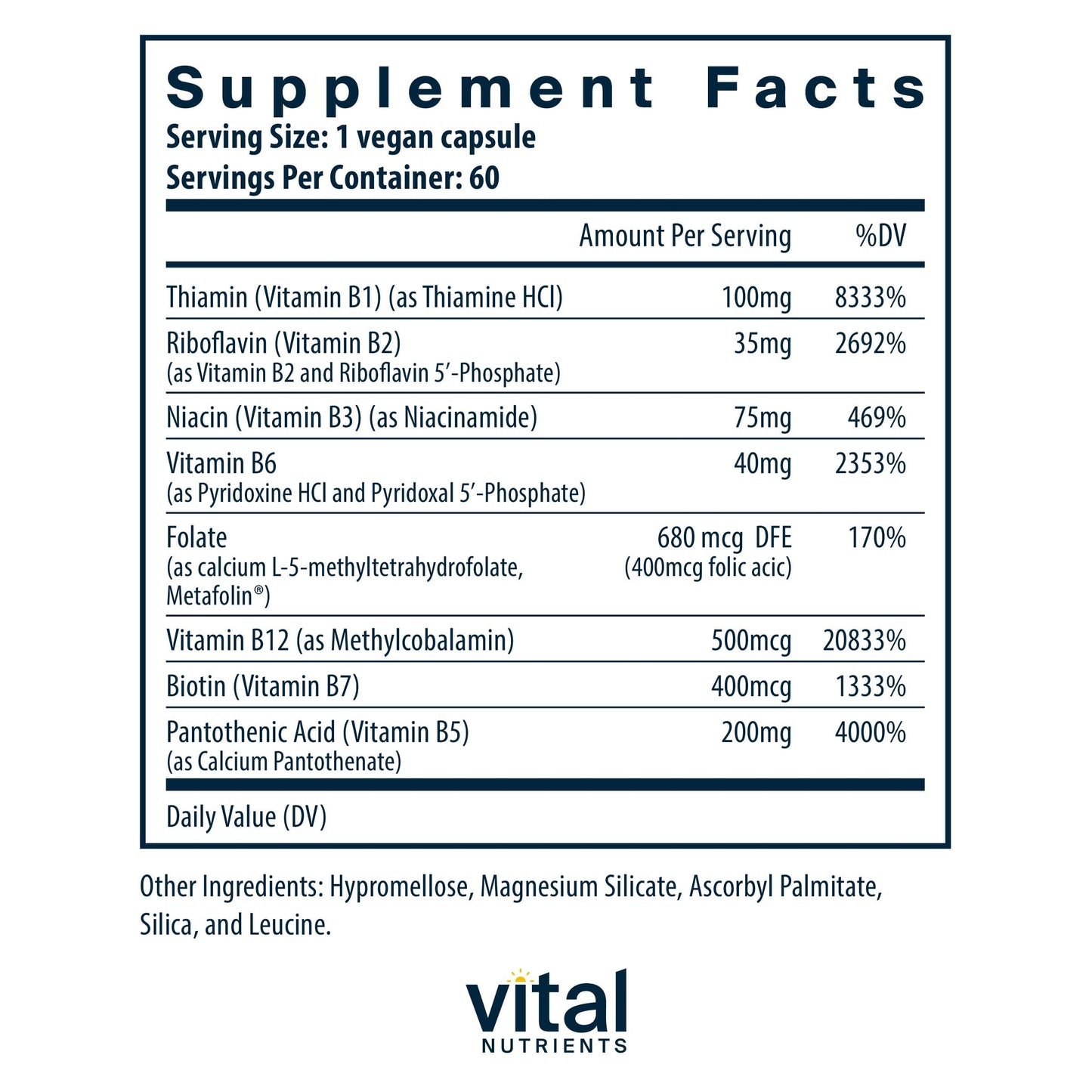 Caja y frasco vitaminas complejo b metilado vital nutrients