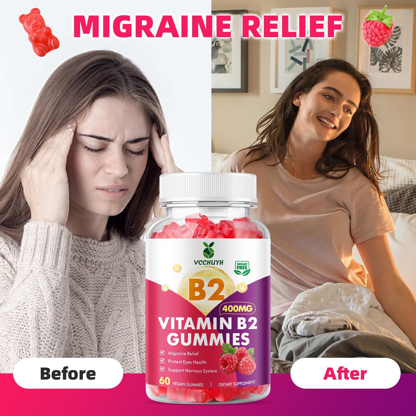 Caja gomitas VCCHUYH vitamina B2 para migraña y nervios