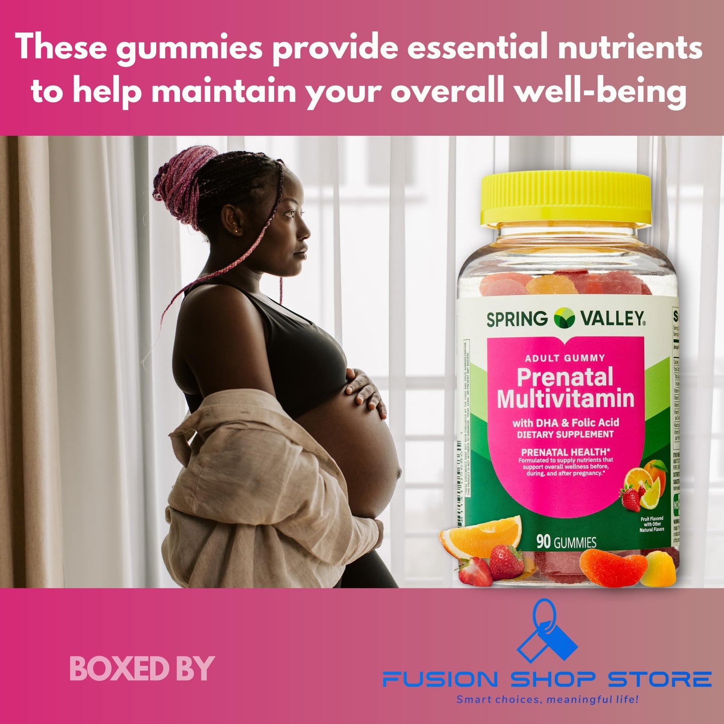 Frente de la caja de multivitamínicos prenatales Spring Valley
