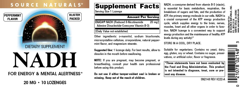 Caja de Source Naturals NADH 20 mg 10 tabletas