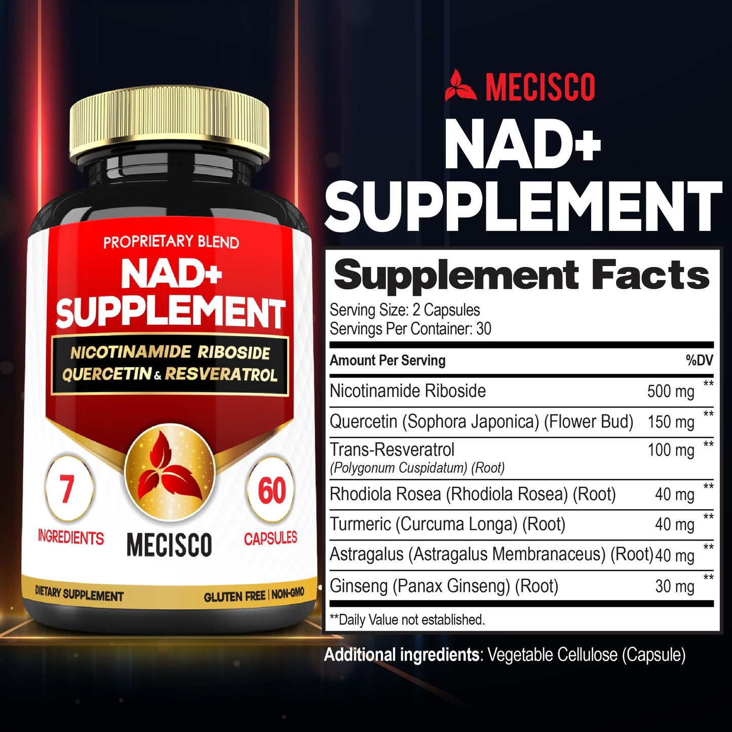 Caja suplemento NAD+ Mecisco con resveratrol y cúrcuma 60 cápsulas
