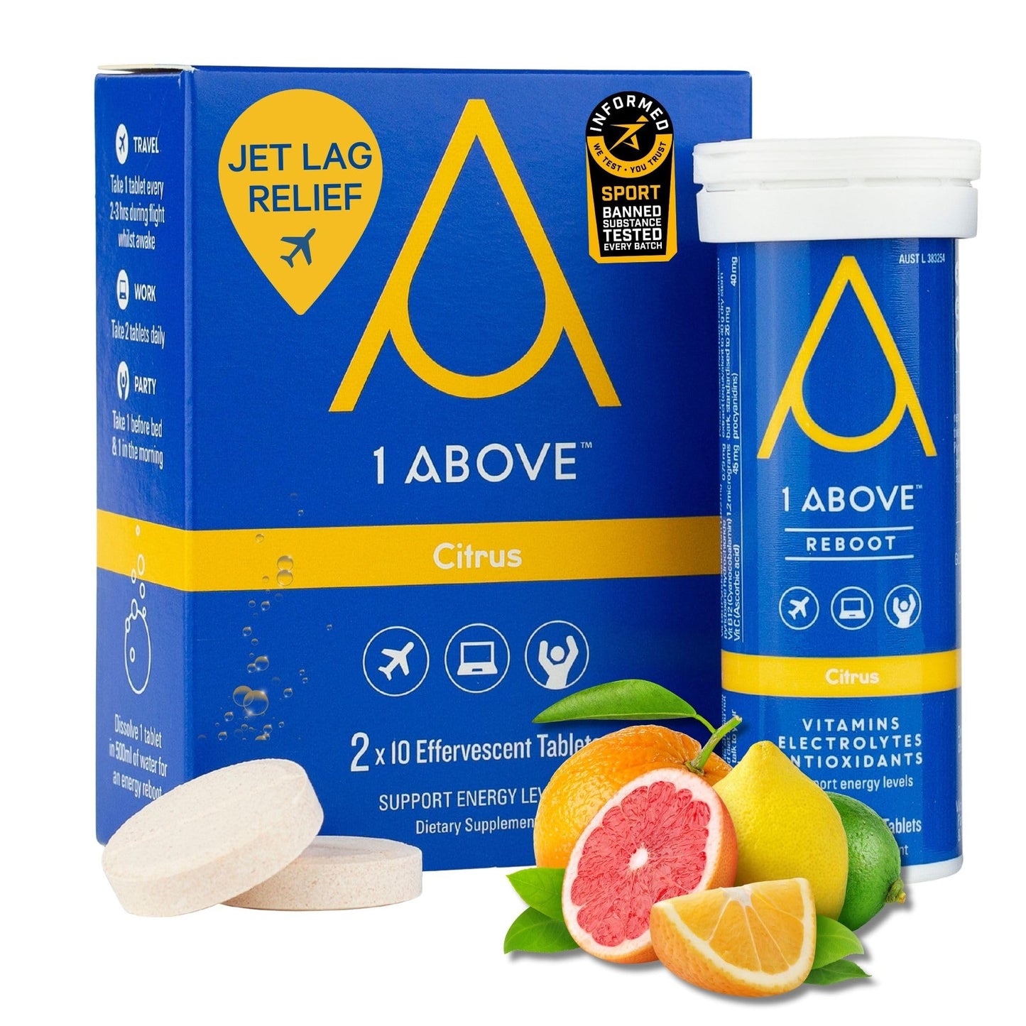 Caja y tubo de tabletas 1ABOVE Citrus para el alivio del jet lag