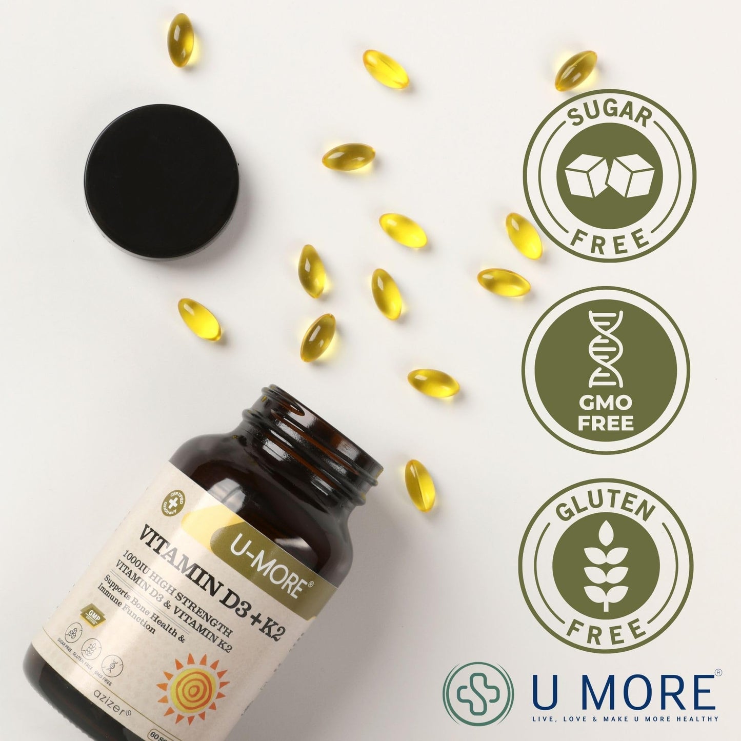 Caja U-MORE vitamina D3 y K2 alta potencia 60 cápsulas blandas