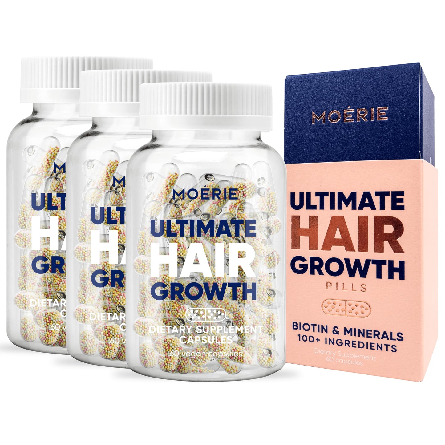 Caja de vitaminas Moerie para cabello con 180 cápsulas para crecimiento natural